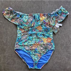 Bleu Rod Beattie Turquoise Paisley Off-Shoulder One-Piece